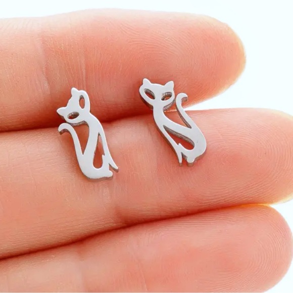 TERRA GEMMS Jewelry - Whisker Whimsy: Feline Silhouette Stainless Steel Post Earrings
